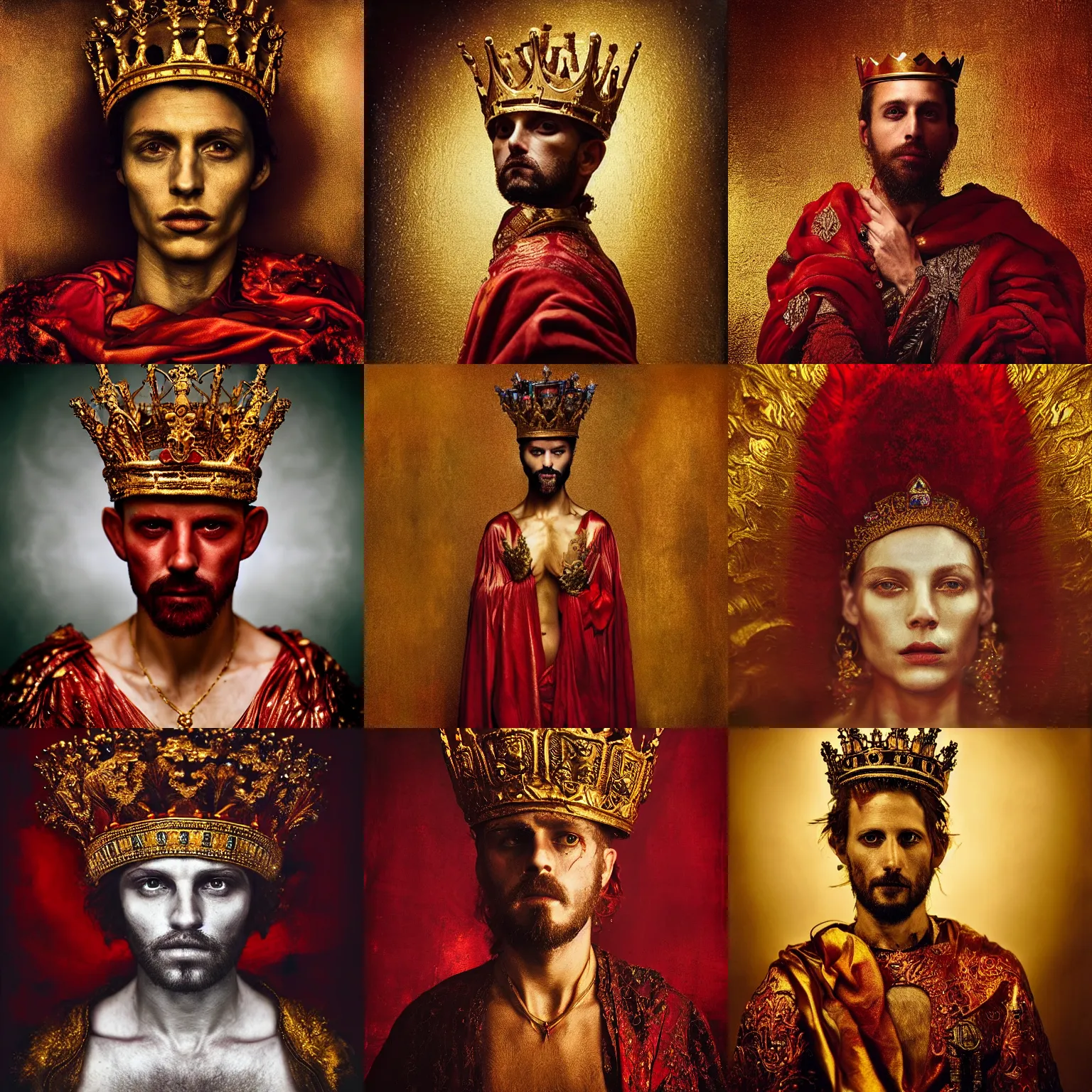 Prompt: 'Portrait of Crowned King Arthur' by Lee Jeffries, royally decorated, whirling plasma, atmospheric motes, red and gold Sumptuous garb, gilt silk fabric, radiant colors, fantasy, perfect lighting, studio lit, micro details, decor by Gustav Klimt