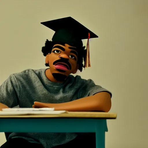 Image similar to a cinematic film still of a claymation stop motion film starring chance the rapper as a college student, shallow depth of field, 8 0 mm, f 1. 8