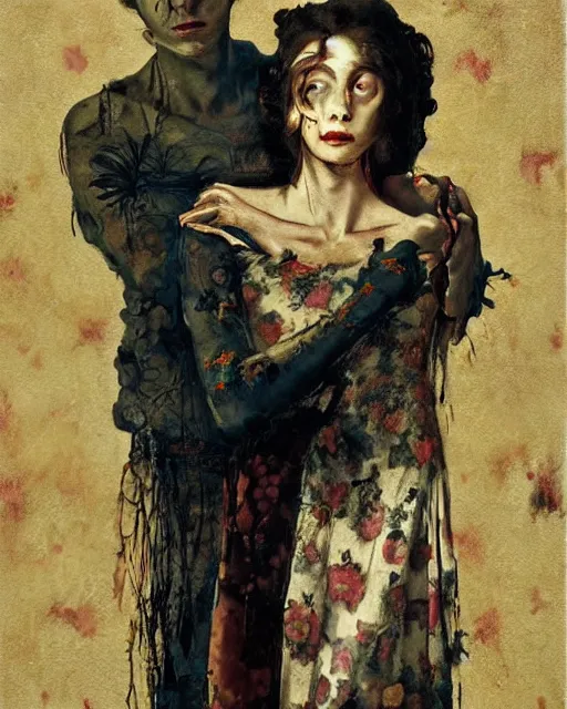 Image similar to a beautiful and eerie baroque painting of a brother and sister who are beautiful but creepy, in dead space, with haunted eyes and dark hair, 1 9 7 0 s, seventies, floral wallpaper, a little blood, morning light showing injuries, delicate embellishments, painterly, offset printing technique, by brom, robert henri, walter popp