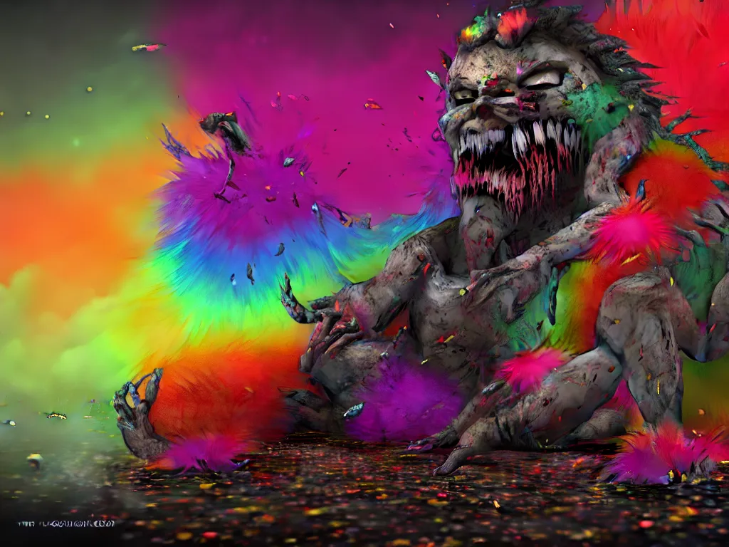 Prompt: a picture of a beautiful!!!! colorful flesh - eating!!!! yamazaku covered in rainbow fur, the ground is covered in maggots!!!!, hallucination, fear, morbid, nightmare, supernatural, 8 k, unreal engine, highly detailed, chiaroscuro, terrifying, trending on artstation