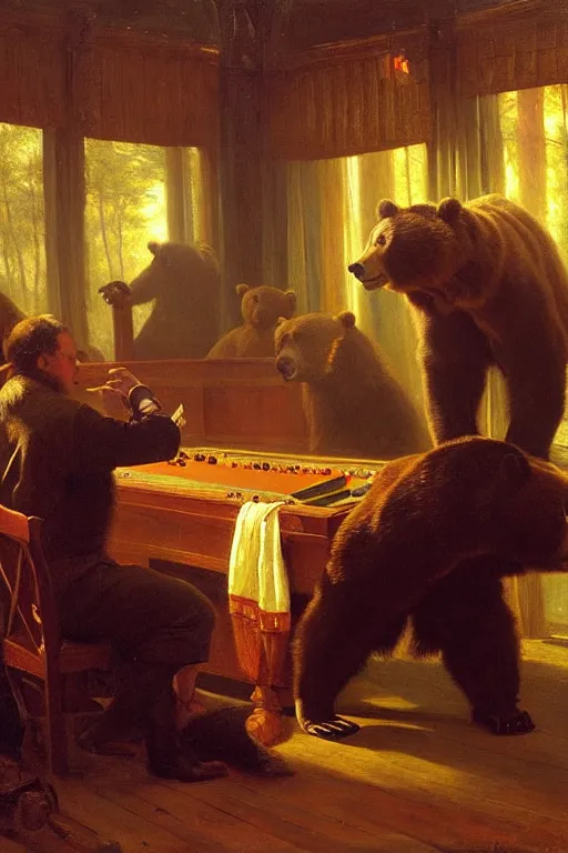 Prompt: portrait of bear gambling in the club by albert bierstadt, wonderful masterpiece by asher brown durand, beautiful cinematic light, by greg manchess, jessica rossier