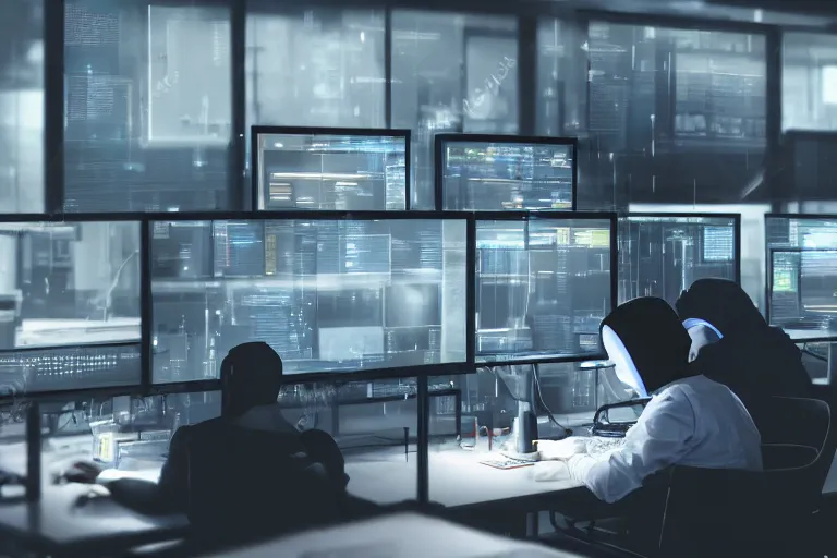 Image similar to detailed realistic photo of a group of hackers working, dimly lit room, computer screens, dramatic dim lighting, coherent composition