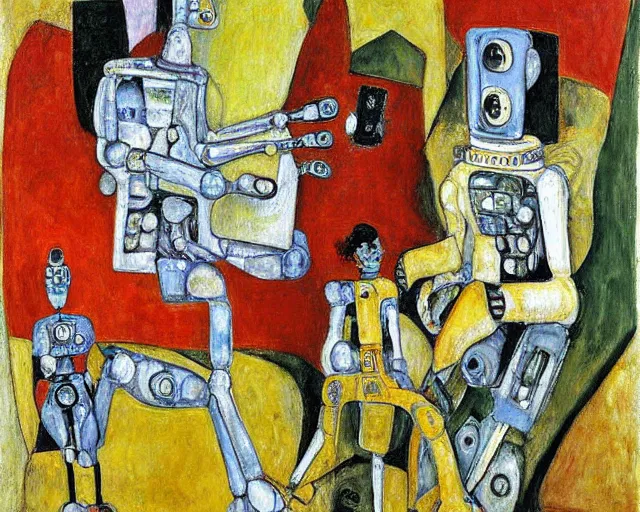 Image similar to a painting of a robot family by graham sutherland, egon schiele, expressionism