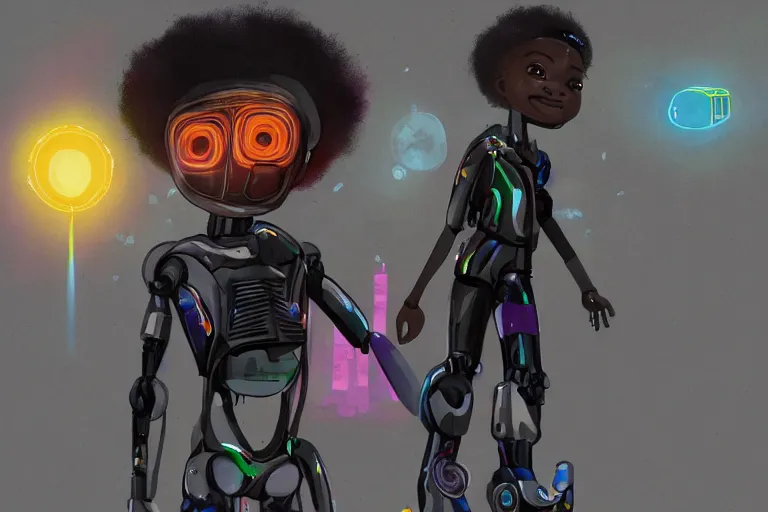 Image similar to a black kid playing with a futuristic robot in the nature, mixing solarpunk, afropunk, cyberpunk, ( ( ( ( volumetric light ) ) ) ), high angle, part by pearl fryar, part by prince damah, sunny day, trending on artstation, cinematic view, illustration, painting.