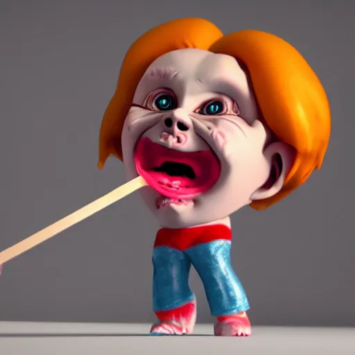 Image similar to ice cream popsicle shaped like screaming chucky doll, octane render, ultrarealistic