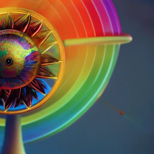 Prompt: still of rainbow ophanim, wheel, bird wings, giant eyeball, biblical accurate angel, mythological, 8 k, octane render, 3 5 mm, amazing details, beautiful composition