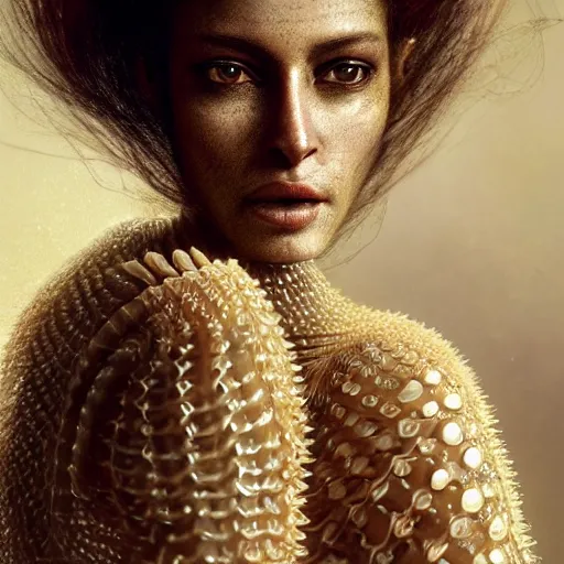 Prompt: a close - up shot of a brown woman wearing a luminous armor made of jelly fishes. soft lighting. fragile. haunting eyes!! coherent face!! no makeup!! muted colors. by ray caesar. by louise dahl - wolfe. by andrea kowch. surreal photography