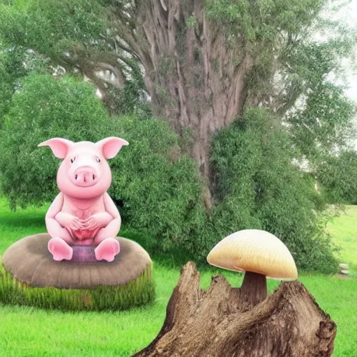 Prompt: a cute pig meditating like buddha on top of a giant mushroom, large willow tree in the background. ”