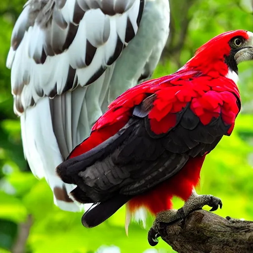 Prompt: Harpy eagle and red cardinal hybrid, real photo from zoo,