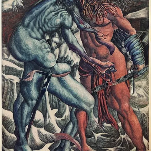 Image similar to A body art of two people, one a demon and the other a human, fighting each other with swords. winter, buff by Ernst Fuchs a e s t h e t i c