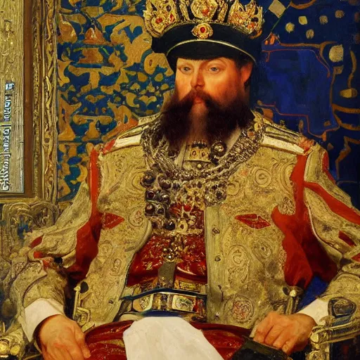 Prompt: portrait of tsar in Cap of Monomakh Ivan the Terrible sitting on throne watching smartphone masterpiece painting by vasnetsov and surikov, JEAN-VICTOR BERTIN, by Terence Cuneo, detailed, artfully traced, 4k resolution, cinematic, dramatic