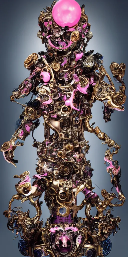 Image similar to full-body baroque and cyberpunk style sculpture of a young seductive Hispanic prince half android with a chest exposing a glowing gemstone battery, glowing pink seductive laser eyes, crown of blue gears and diamonds, swirling salmon-colored silk fabric, robotic raptors dinosaurs. baroque elements. full-length view. intricate artwork by caravaggio. art by Artgerm and Greg Rutkowski and Alphonse Mucha, Trending on artstation, cinematic industrial lighting, hyper realism, octane render, 8k, depth of field, 3D