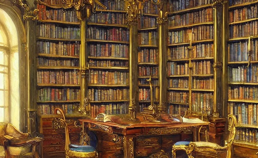 Prompt: Alchemy Library. By Konstantin Razumov, highly detailded