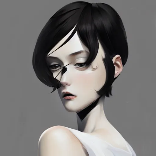 Image similar to girl in tuxedo with black chaotic wavy short haircut, elegant, 2d, ultra highly detailed, digital painting, smooth, sharp focus, artstation, art by Ilya Kuvshinov and Range Murata