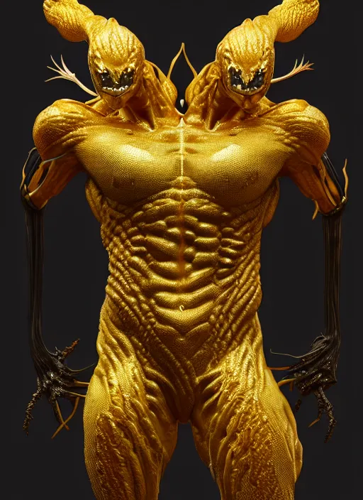 Image similar to gold venom, naturel, hyper detailed, digital art, trending in artstation, cinematic lighting, studio quality, smooth render, unreal engine 5 rendered, octane rendered, art style by klimt and nixeu and ian sprigger and wlop and krenz cushart