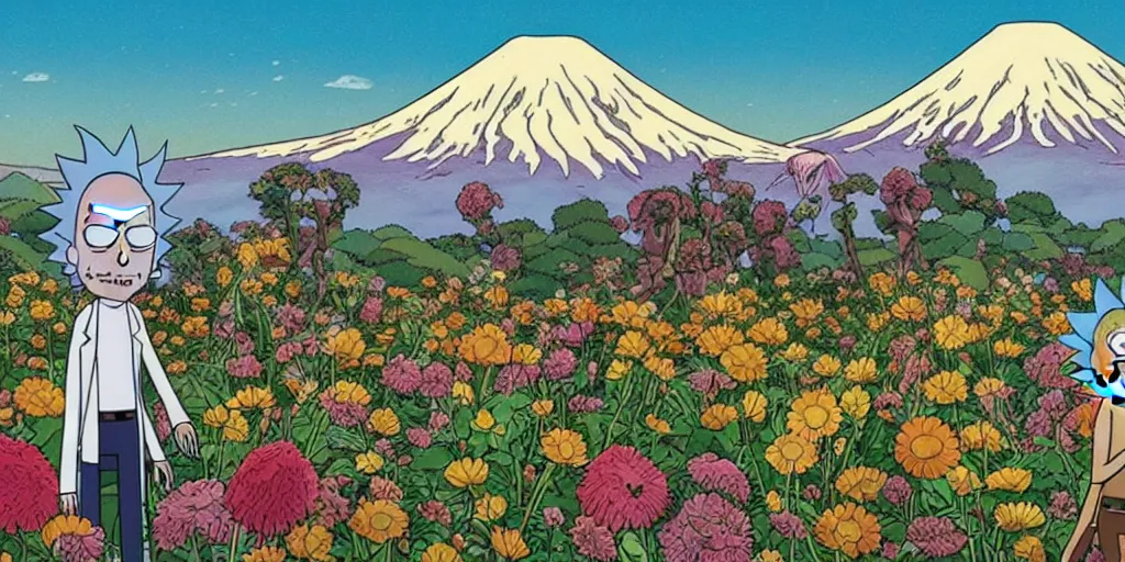 Prompt: Rick and morty in a Field of mixed flowers, Mount Fuji blurred in the background, good news on Sunday, HR Giger style , XIXth century painting with gold frame