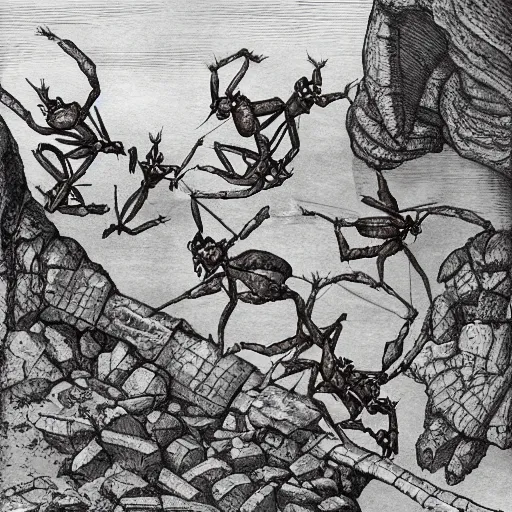 Image similar to anthromoroph ants building a ciry. epic game landscape shot. Highly detailed pen and ink. D&D art by Michelangelo