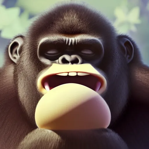 Image similar to a wholesome animation key shot of a gorilla holding a very small red mushroom, chilled out smirk on face, studio ghibli, pixar and disney animation, sharp, rendered in unreal engine 5, anime key art by greg rutkowski, bloom, dramatic lighting, made by banksy