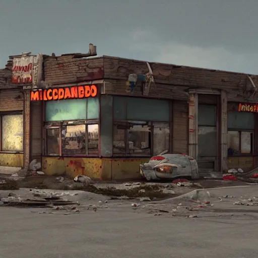 Prompt: post apocalyptic McDonald's, octane render, 4k