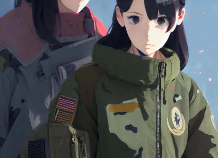 Image similar to soldier girl, wearing big bomber jacket with military gear, big bomber jacket with camo patterns, gapmoe yandere grimdark, trending on pixiv fanbox, painted by greg rutkowski makoto shinkai takashi takeuchi studio ghibli, akihiko yoshida, gta 5