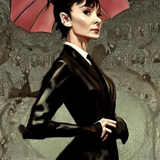 Image similar to audrey hepburn in a scene from yakuza, artstation, concept art, smooth, sharp focus, illustration, art by and greg rutkowski and alphonse mucha