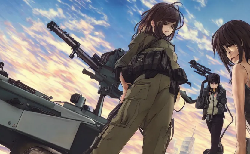 Image similar to anime style, gta 5, panoramic view of girl, searchlights in background, soldier clothing, hair down, symmetrical facial features, from arknights, hyper realistic, extreme detail, detailed drawing, trending artstation, safebooru, d & d, realistic lighting, by alphonse mucha, greg rutkowski, sharp focus, backlit, mechanized transport