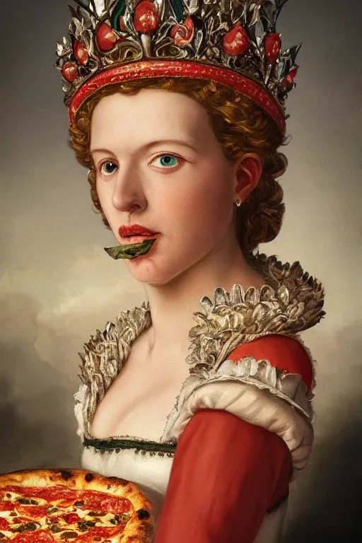 Image similar to a highly detailed queen margherita ( savoy ) eating a pizza! margherita, full body, detailed painting by arturo faldi, trending on deviantart, octane, masterpiece