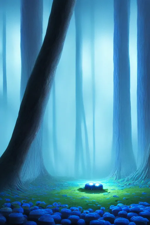 Prompt: matte painting of blue mushrooms glowing blue. Forest at night lit by eerie blue glow.Digital painting. Beeple. Noah Bradley. Cyril Roland trending on artstation.