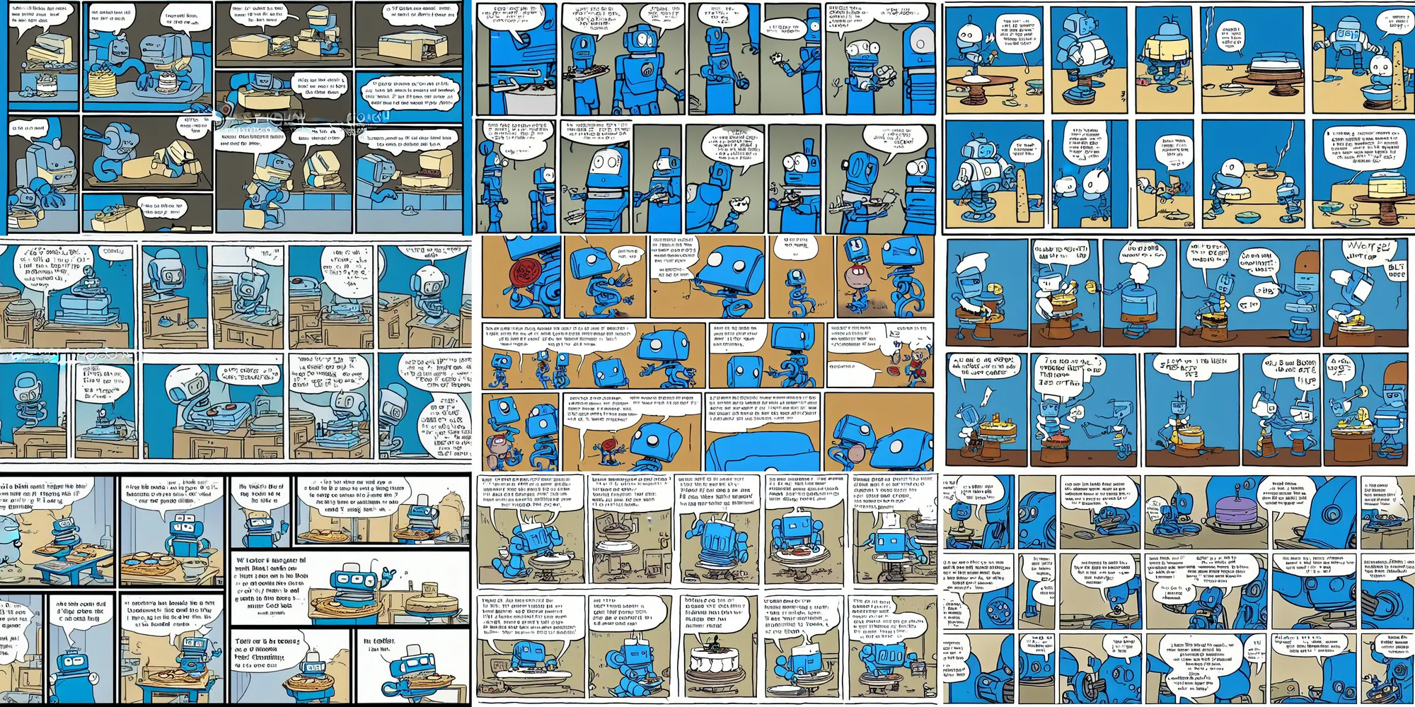 Prompt: short cartoon strip, blue robot bakes a cake, by bill watterson