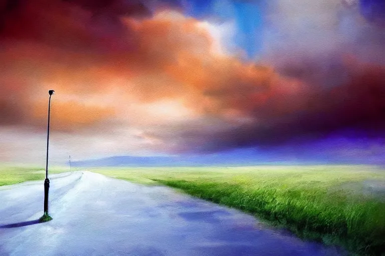 Prompt: amazing landscape painting with moody clouds and unusual colors, random-artist-blend