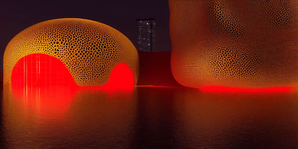 Prompt: An epic architectural rendering of a blob shaped trypophobia house with a mysterious red and yellow glow emitting from inside in a modern cityscape next to a river, stunning, gorgeous, golden ratio, photorealistic, featured on artstation, 4k resolution