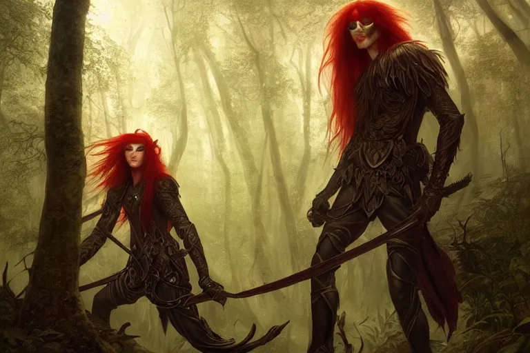 Image similar to male sylvan elf with long red hair wearing an eye patch in leather armor in mysterious forest at dusk, fantasy, intricate, elegant, highly detailed, digital painting, artstation, concept art, matte, sharp focus, illustration, art by roberto ferri and greg rutkowski and alphonse mucha