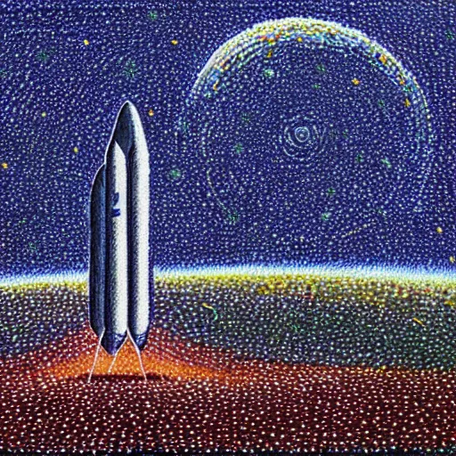 Image similar to spacex starship rocket landing on earth, pointillism painting