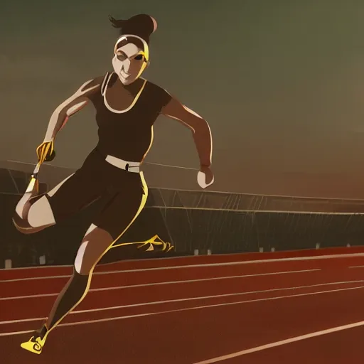 Image similar to Female athlete sprinter in a race with mechanical legs, cinematic stillframe, diesel punk, art deco stadium, artstation, contrasty, Studio Ghibli