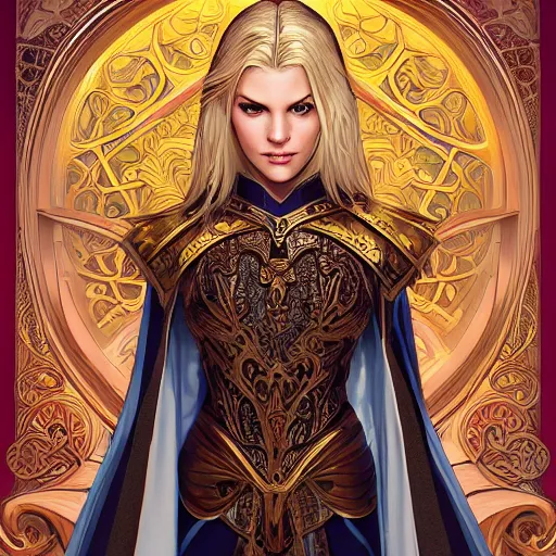 Prompt: head-on symmetrical centered painted portrait, Elisha Cuthbert as a paladin, blonde hair, ornate steel armour, art nouveau, tarot card style, medieval robes, fantasy, intricate, elegant, highly detailed, smooth, sharp focus, illustration, artstation, in the style of Artgerm and Anna Podedworna and Alex Ross and Mucha