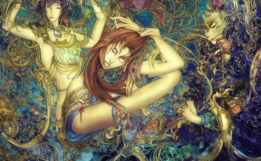 Prompt: lush, dreamlike animation still based on the art of yoshitaka amano ( final fantasy ) from 1 0 0 1 nights ( 1 9 9 8 ), dir. mike smith, hyperion studio