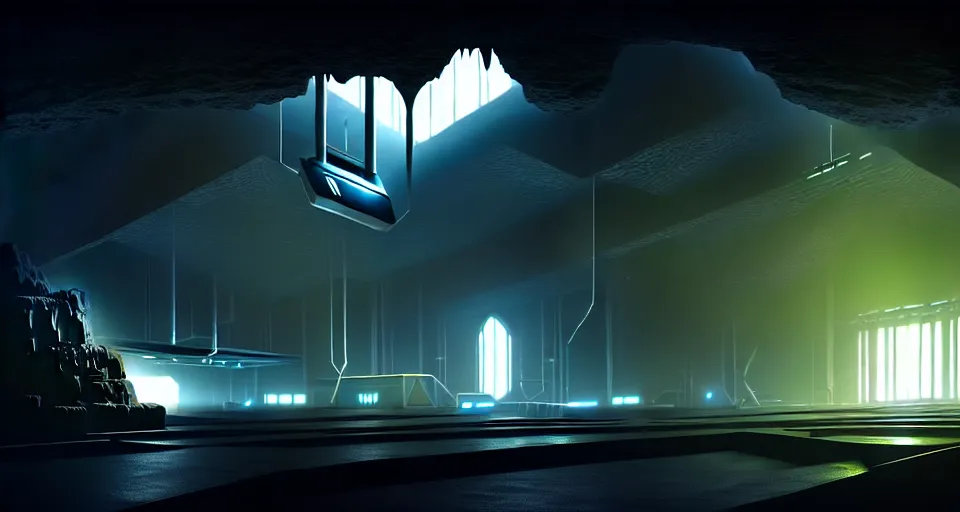 Image similar to futuristic factory in a dark cave, black rocks, dramatic light, intricate, highly detailed, digital painting, volumetric light, artstation, concept art, sharp focus