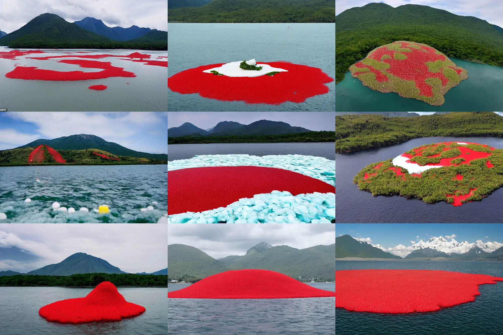 Prompt: an island made of red caviar, in the center of this island there are several mountains made of white ice cream, the water around this island is made of coca - cola ( dark brown water ), the photo was taken from a boat, lemon slices float on the water