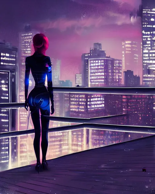 Prompt: a night rooftop scene by Liam Wong, close shot of a photorealistic beautiful half cyborg woman by Artgerm and NeoArtCorE on the rooftop looking at the city below, the half cyborg woman is wearing a long trench coat