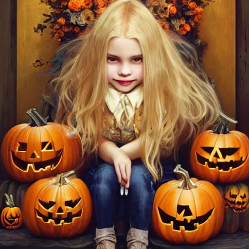 Image similar to a happy little girl with long straight golden blonde hair sitting amidst halloween decor, skulls and pumpkins. beautiful highly detailed face, beautiful painting by artgerm and greg rutkowski and alphonse mucha