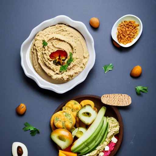Prompt: a hummus plate with snacks, food photography