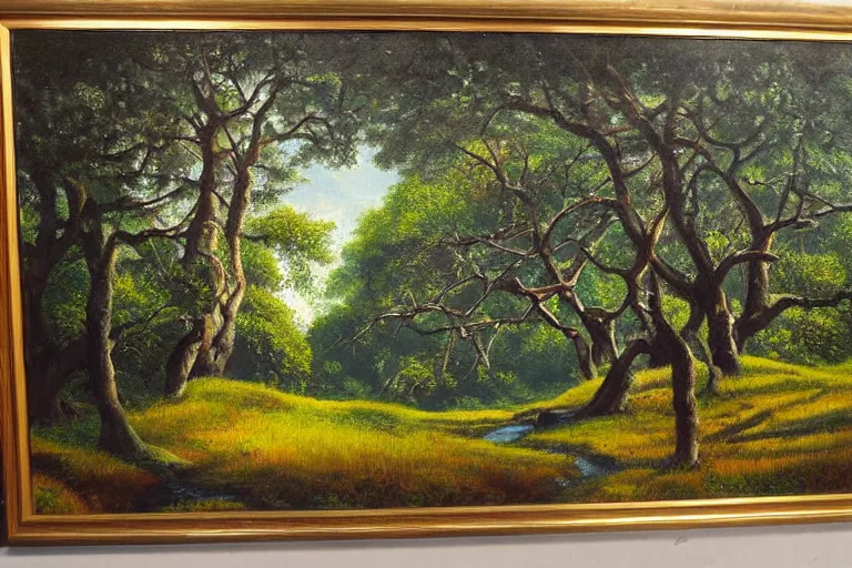 Image similar to masterpiece painting of oak trees on a hillside overlooking a creek, dramatic lighting, by gunnar widforss