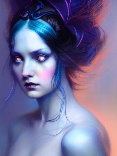 Image similar to dark sorceress with blue skin by james jean, charlie bowater, tom bagshaw, nikolay makovsky, melanie delon : : enchanting, ethereal, magical, glowing, sparkle, prismatic, portrait, character design, illustration, hyperrealism, photorealism, digital art, concept art, dark fantasy, whimsy, weta, wlop, artstation