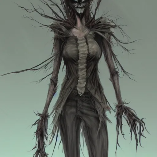 Prompt: concept art of a scary lanky female scarecrow, artstation, pencil