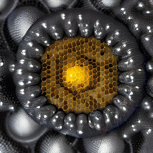 Image similar to closeup of a human eye made but the center is a honeycomb of bubblewrap plastic, hyper detailed 3d render, macro imagery