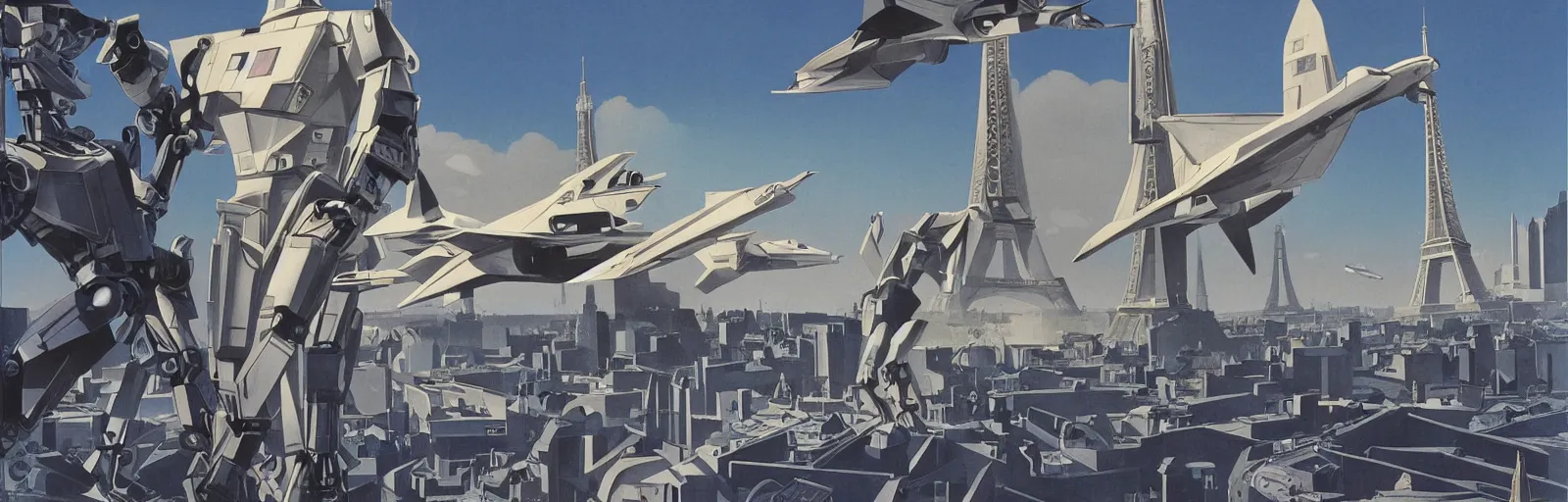 Image similar to ralph mcquarrie art from the 1969 movie MECHA-CONCORDE vs ROBO-EIFFEL the giant humanoid Eiffel Tower battles the swan-like superplane above the streets of paris-futur - starring ALAIN DELON and Simon Cowell- art direction by moebius hq production still technicolor