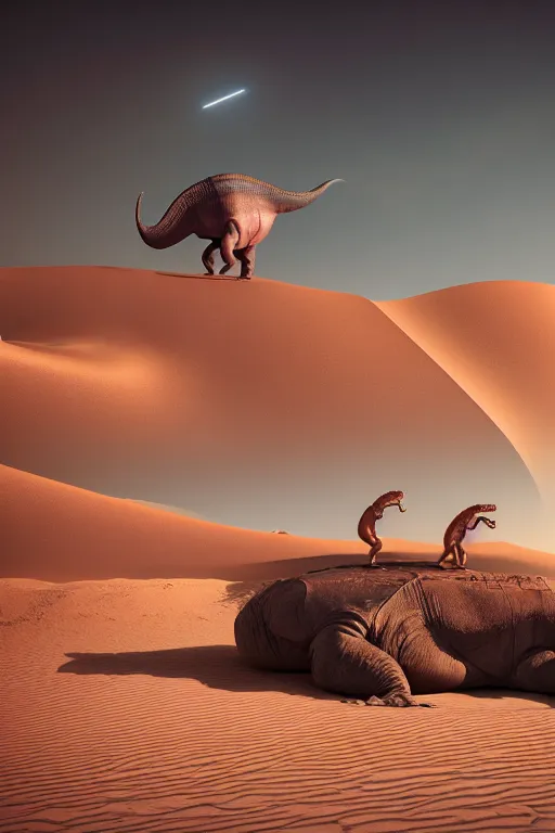 Image similar to 🦕 🐋🤖👽🐳 in desert, photography by bussiere rutkowski andreas roch, octane render, 1 6 k