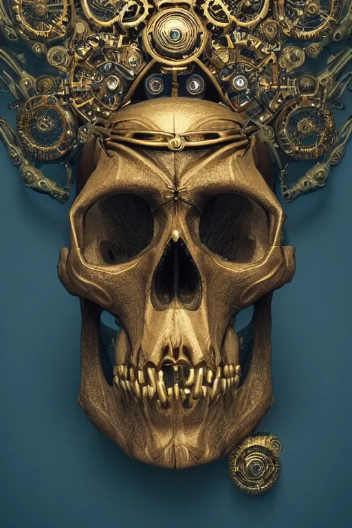 Prompt: hyperrealistic 3 d render ultra detailed of a skull, art deco, steam punk, intricate gears details, hyperrealistic, volumetric lighting, ultra detailed, elegant, octane render, blue and gold, 8 k, trending on artstation, unreal engine