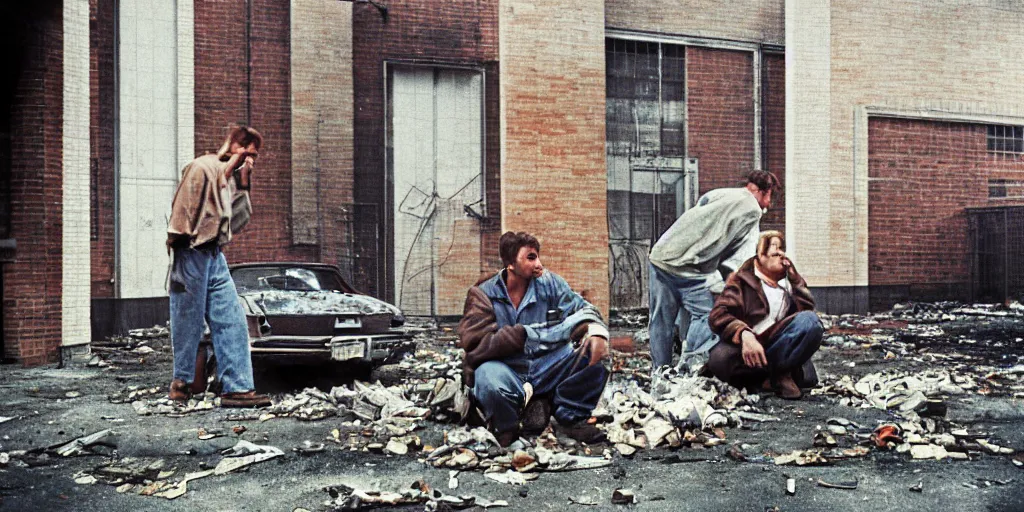 Prompt: detroit apartment buildings on the background, courtyard, two factory workers are smoking cigarettes, faces closeup, hood, abandoned 1 9 7 0 s cars, ultra detailed, 3 5 mm photography, coloured film photography, russ marschall photography style