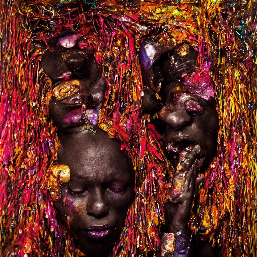 Prompt: award winning emotional heartbreaking photo of african voodoo woman puking blood, draped in shiny oil, vivid colors, weird and disturbing, symmetrical face, neon lights, studio lighting, wide shot art by sally mann & arnold newman